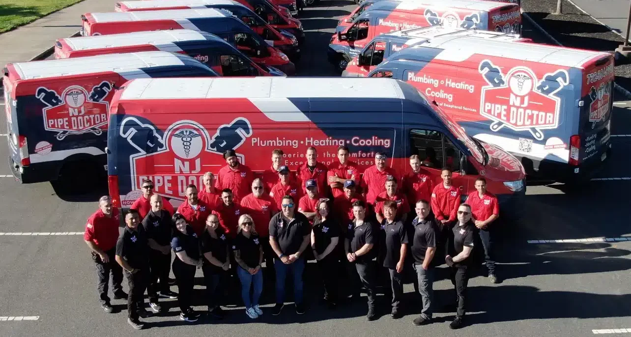 NJ Pipe Dr team standing in front of vans for HVAC and plumbing services in Woodbridge, NJ